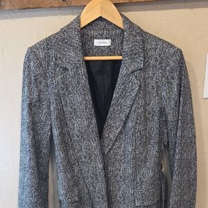 Calvin Klein 2pc Tweed Pant Suit Set Gray Black Career Office Blazer Size 10